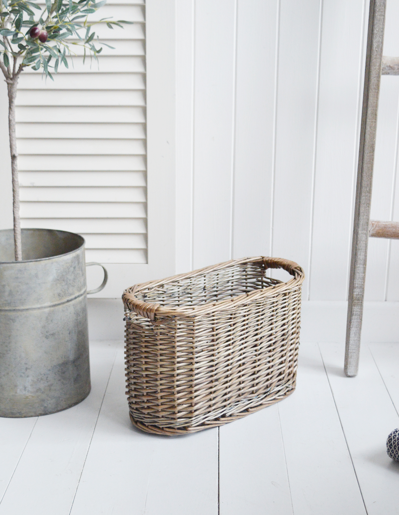 Harrow oval slim basket. Ideal Toilet roll storage or for throws beside the sofa from The White Lighthouse Furniture. New England, country, coastal, farmhouse city and whie home interiors. Hallway, Bedroom , Bathroom and living room