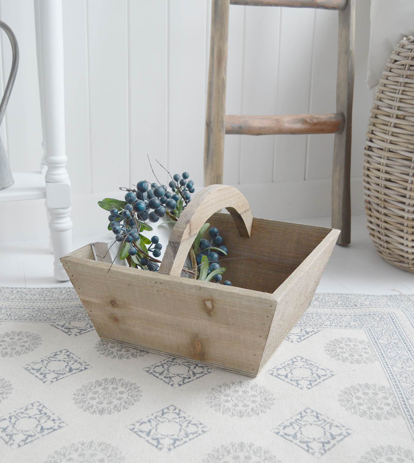 Pawtucket wooden box basket from The White Lighthouse Furniture. New England, country, coastal, city and white home interiors. Hallway, Bedroom , Bathroom and living room.