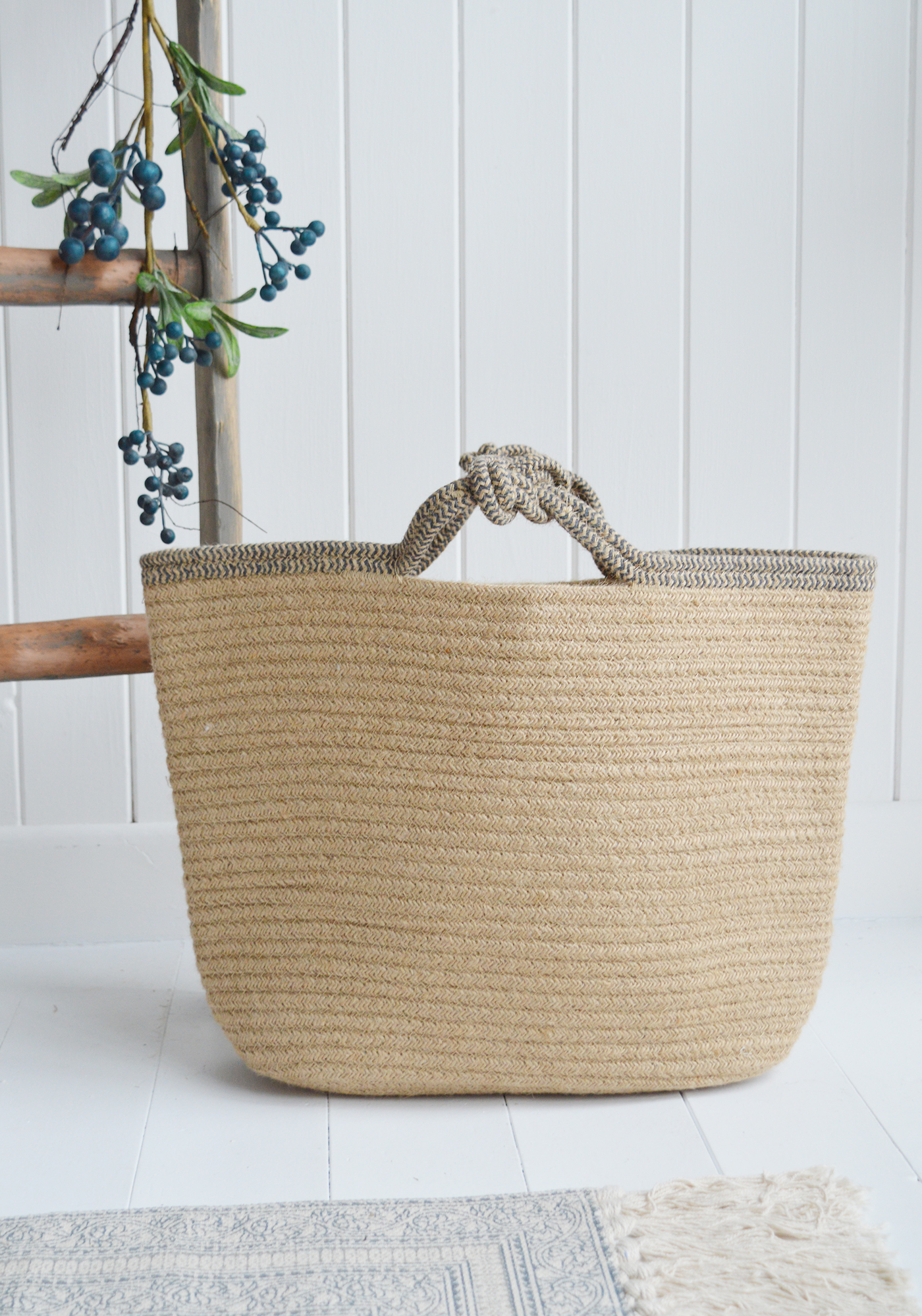 Jute basket with handles for logs, toys and everyday storage from The White Lighthouse Furniture and Home Interiors for New England, country, coastal and city homes