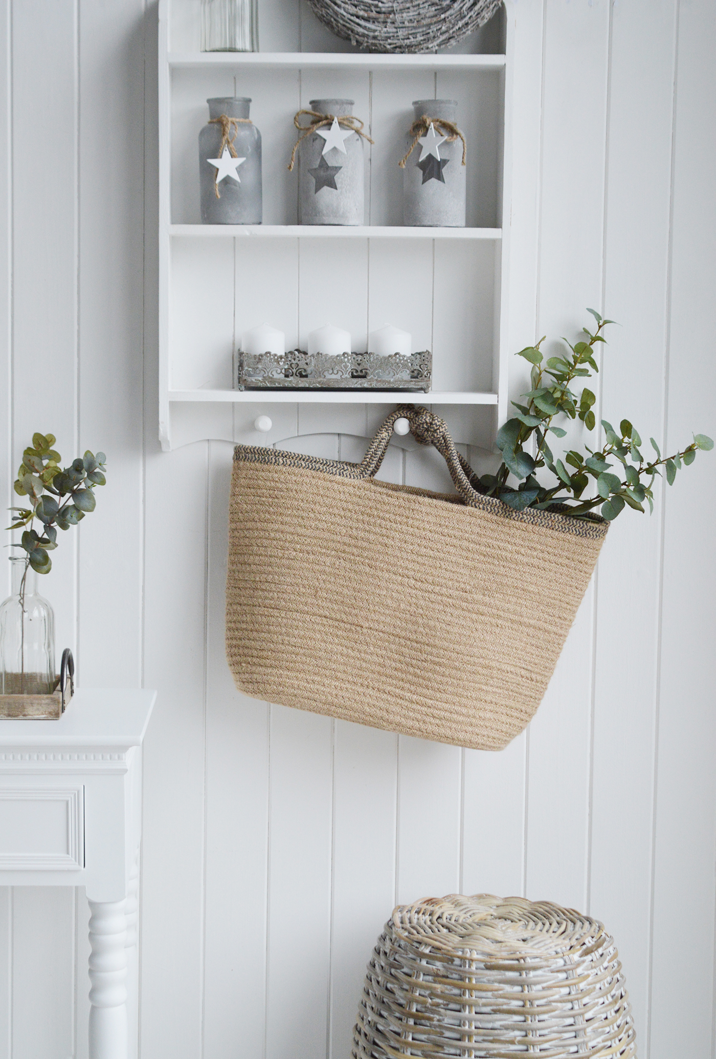 Jute basket with handles for logs, toys and everyday storage from The White Lighthouse Furniture and Home Interiors for New England, country, coastal and city homes