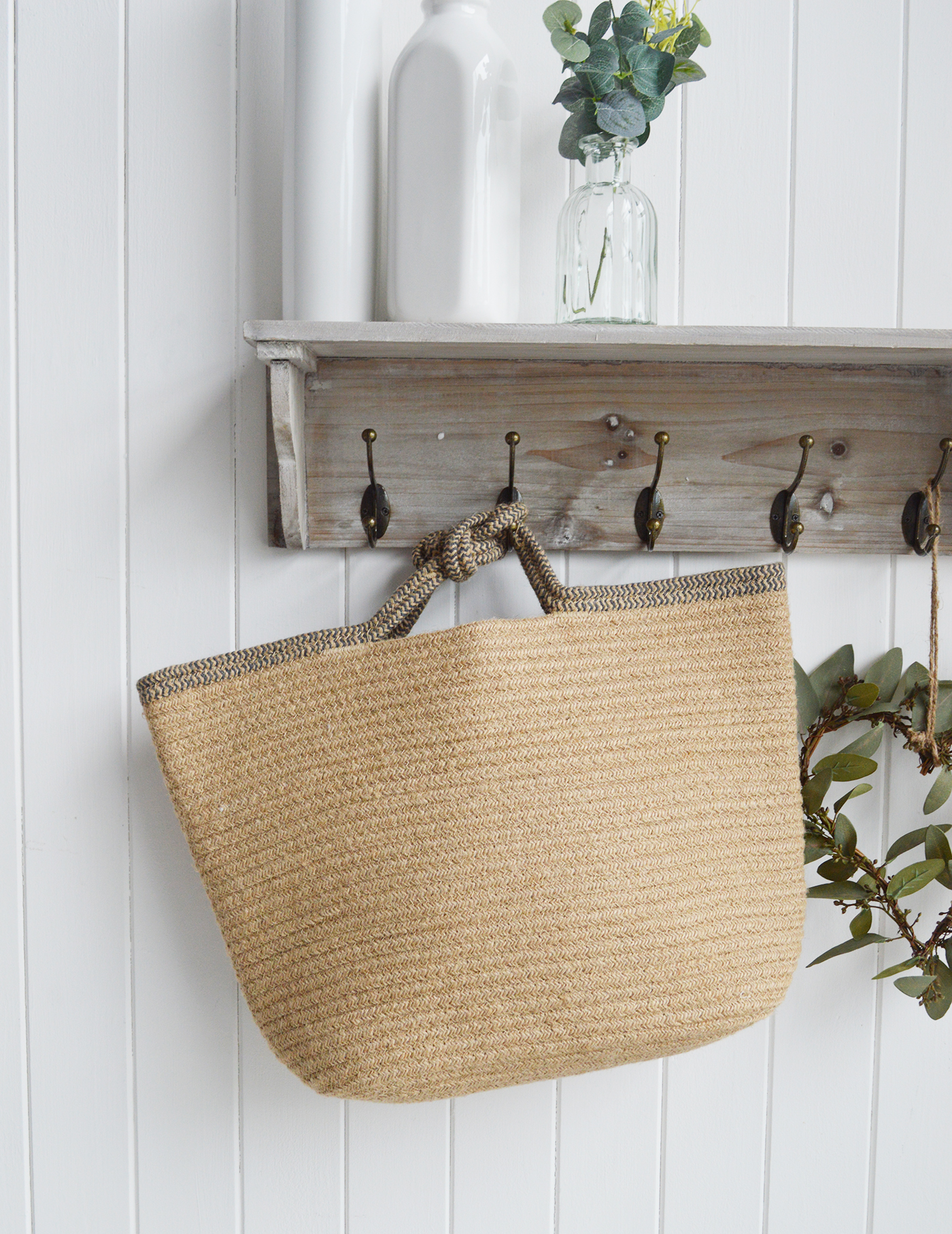 Jute basket with handles for logs, toys and everyday storage from The White Lighthouse Furniture and Home Interiors for New England, country, coastal and city homes