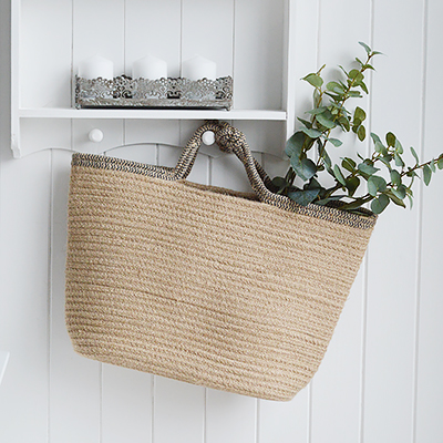 Jute basket with handles for logs, toys and everyday storage from The White Lighthouse Furniture and Home Interiors for New England, country, coastal and city homes