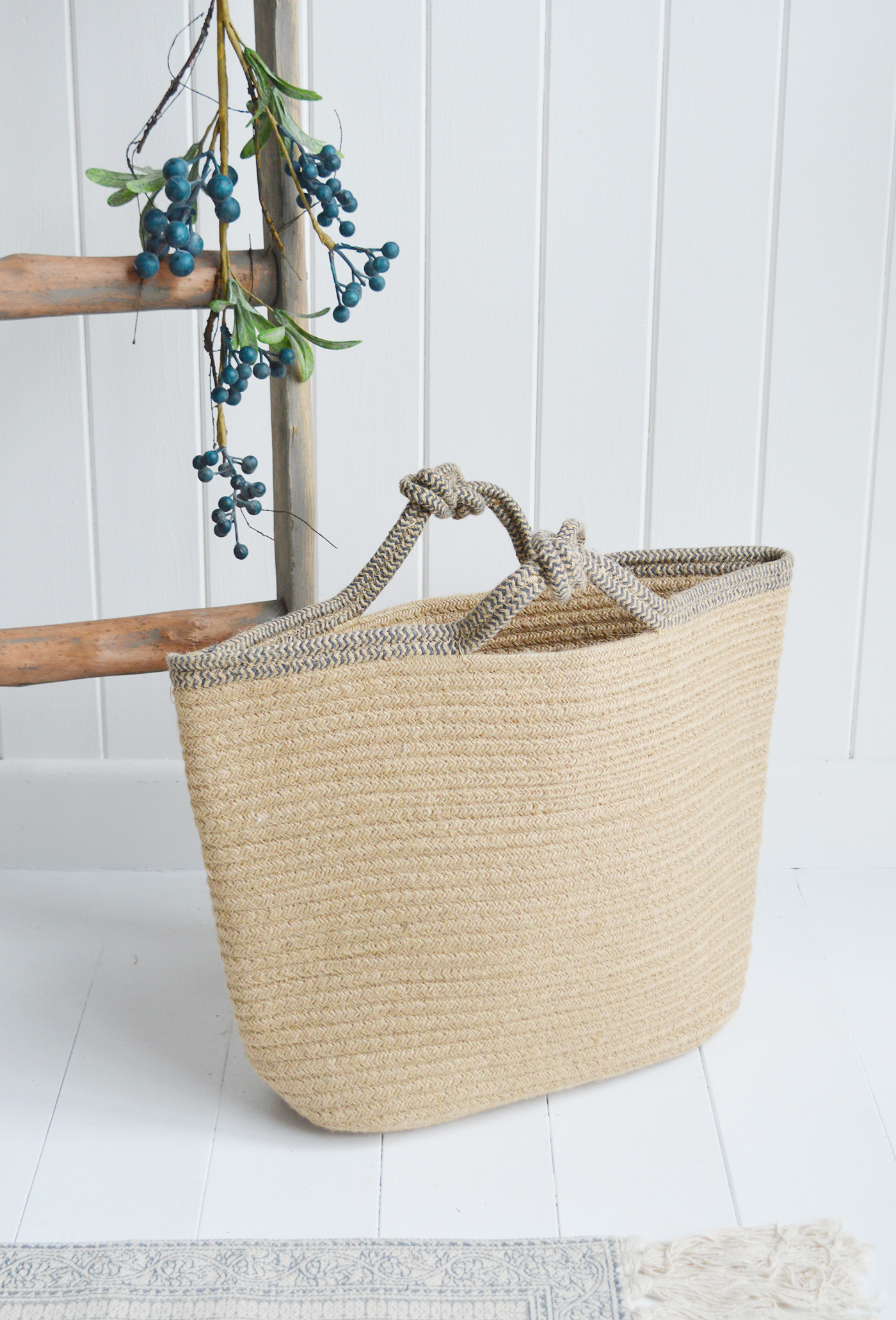 Jute basket with handles for logs, toys and everyday storage from The White Lighthouse Furniture and Home Interiors for New England, country, coastal and city homes
