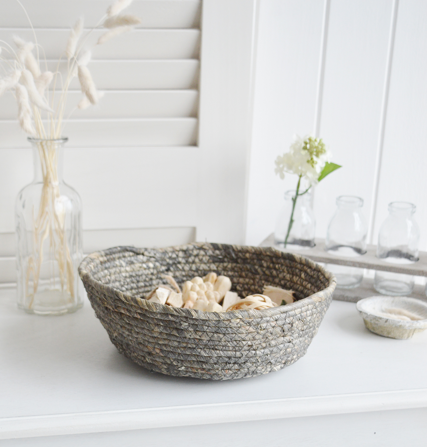 The White Lighthouse. White Furniture and accessories for the home. Warren rustic basket for New England style interiors for farmhouse country, coastal, city homes