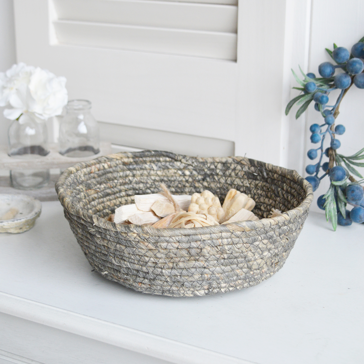 The White Lighthouse. White Furniture and accessories for the home. Warren rustic basket for New England style interiors for farmhouse country, coastal, city homes