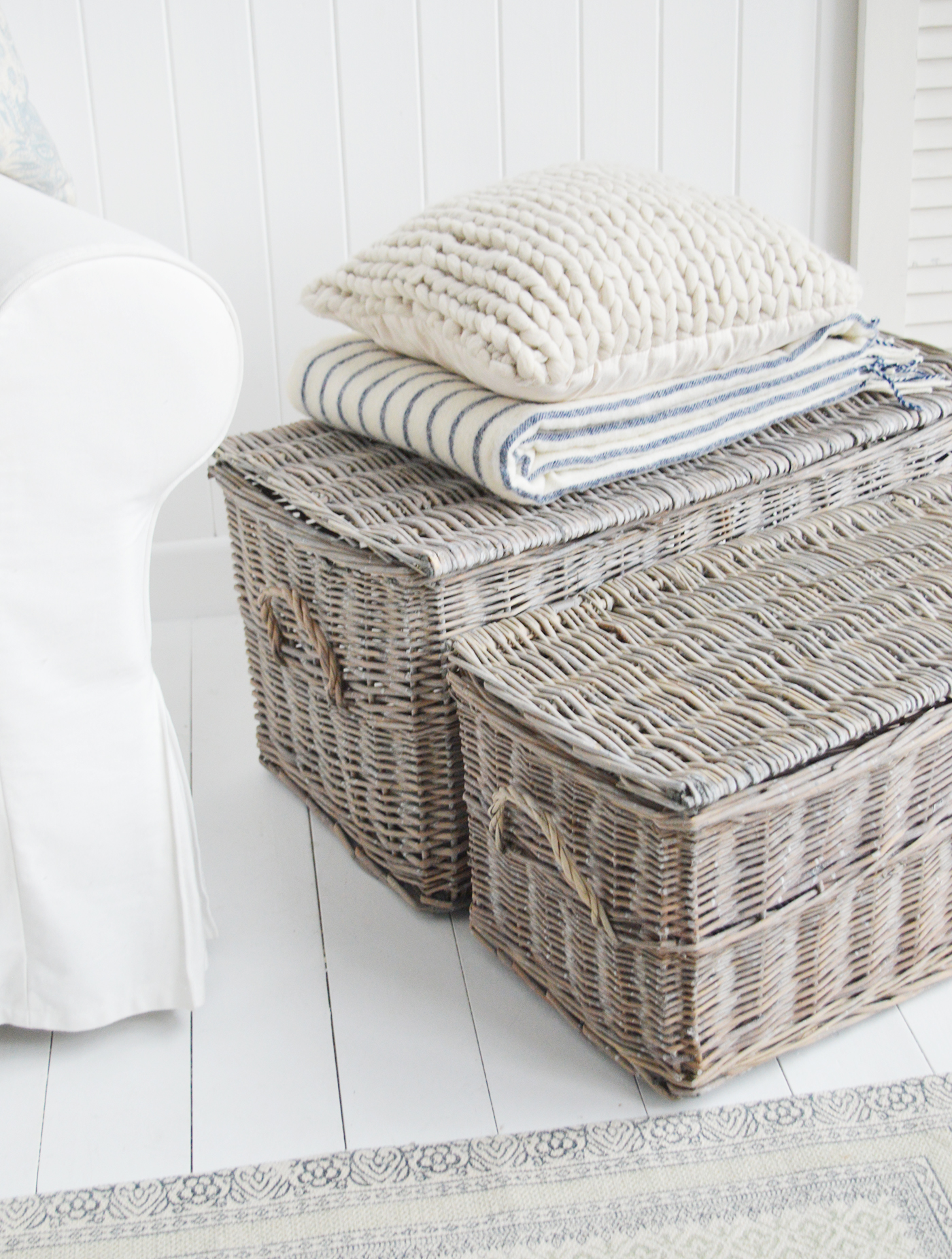 White Furniture and accessories for the home. Windsor set of two grey willow basketts with lids for New England, Hamptons, modern country farmhopuse and coastal homes and interiors 