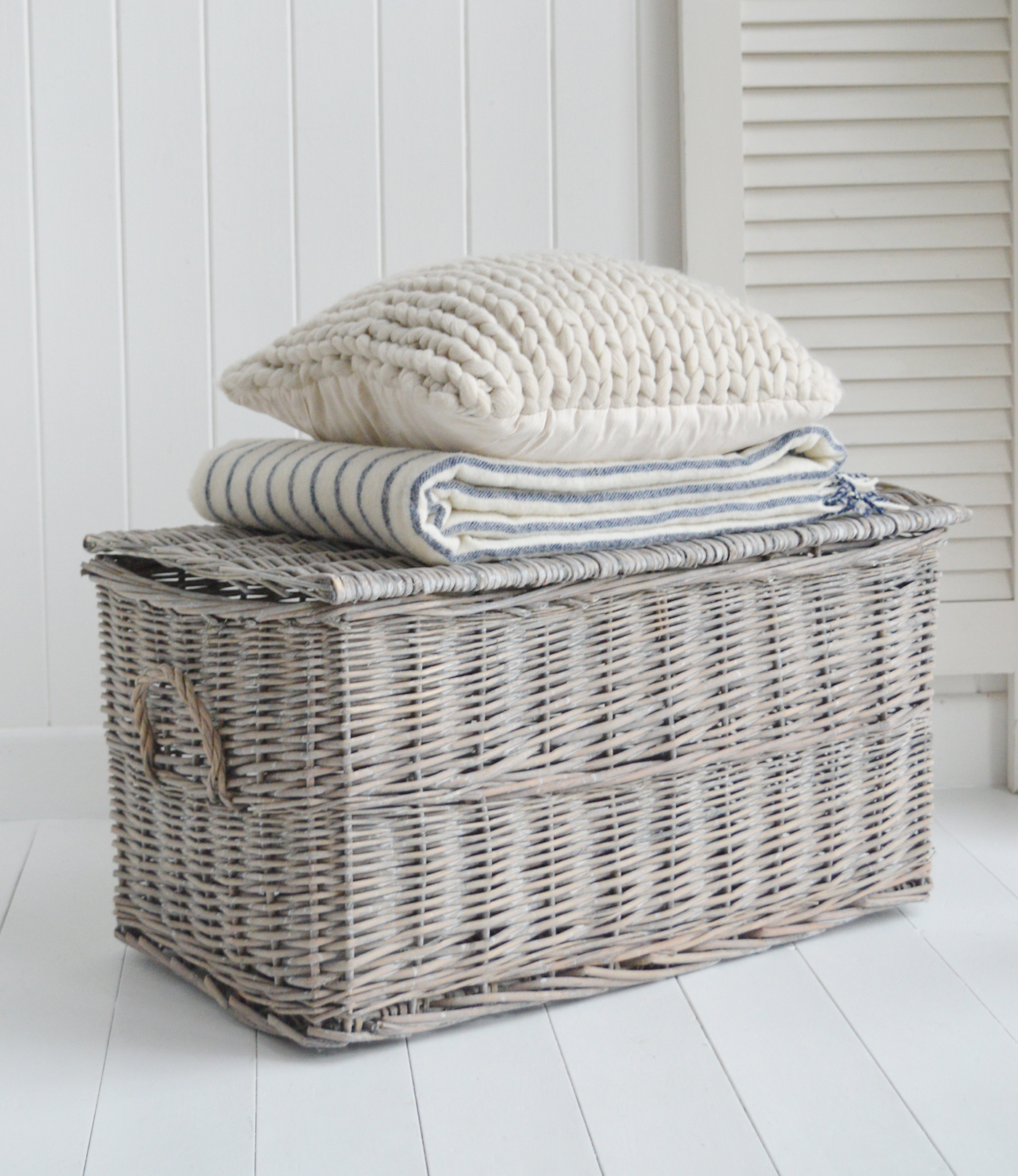 White Furniture and accessories for the home. Windsor set of two grey willow basketts with lids for New England, Hamptons, modern country farmhopuse and coastal homes and interiors 