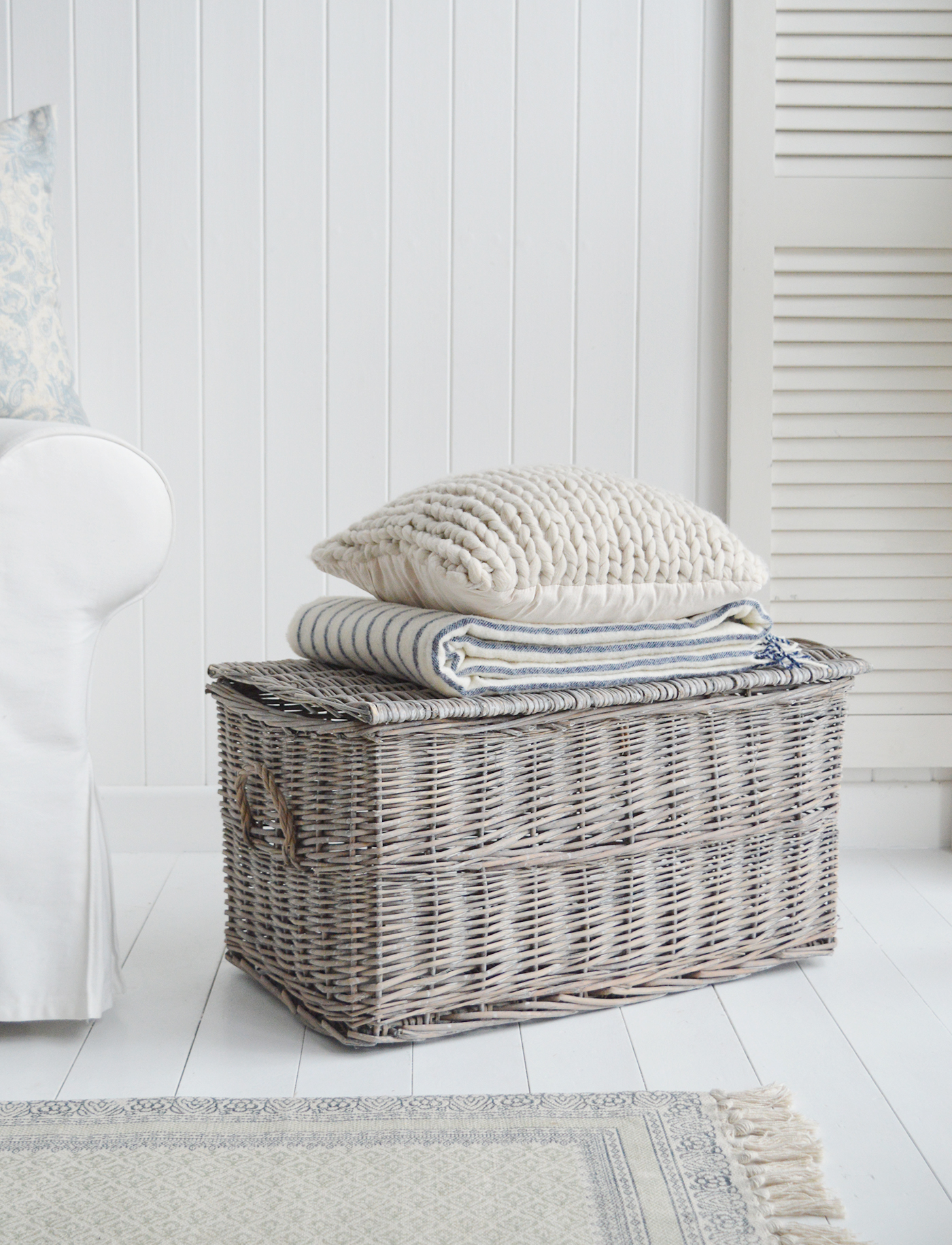 White Furniture and accessories for the home. Windsor set of two grey willow basketts with lids for New England, Hamptons, modern country farmhopuse and coastal homes and interiors 