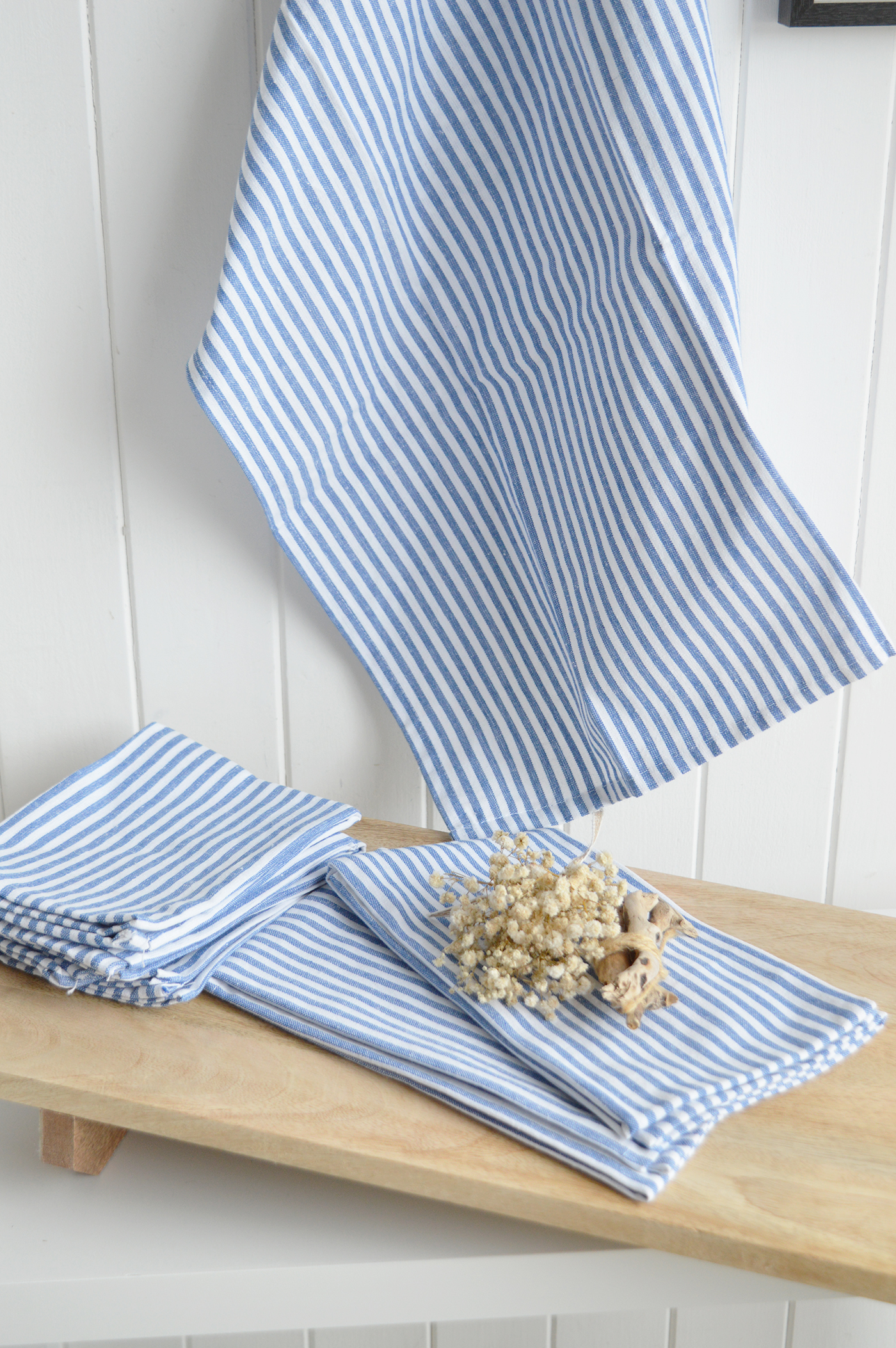 Blue Harbour blue and white stripe napkins are a timeless addition to coastal and modern country interiors.
