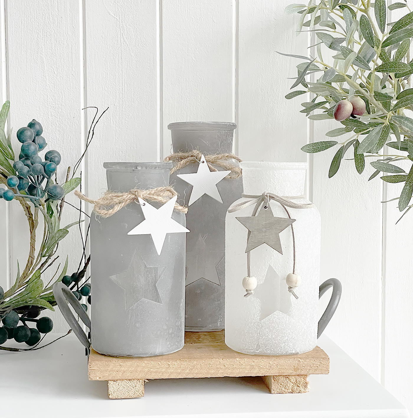 Grey and white star bottles for New England home interiors for coastal and cottage furniture