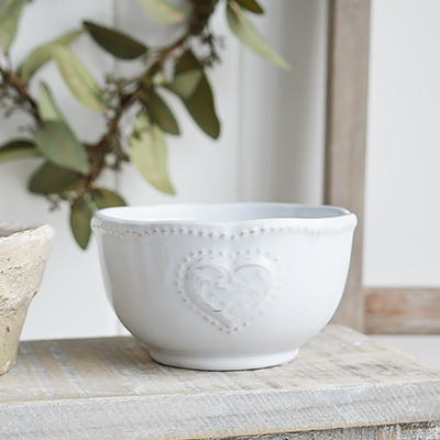 Madison white heart Ceramic Bowl from The White Lighthouse coastal, farmhouse New England and country furniture and home decor accessories UK for shelf, console and coffee table styling