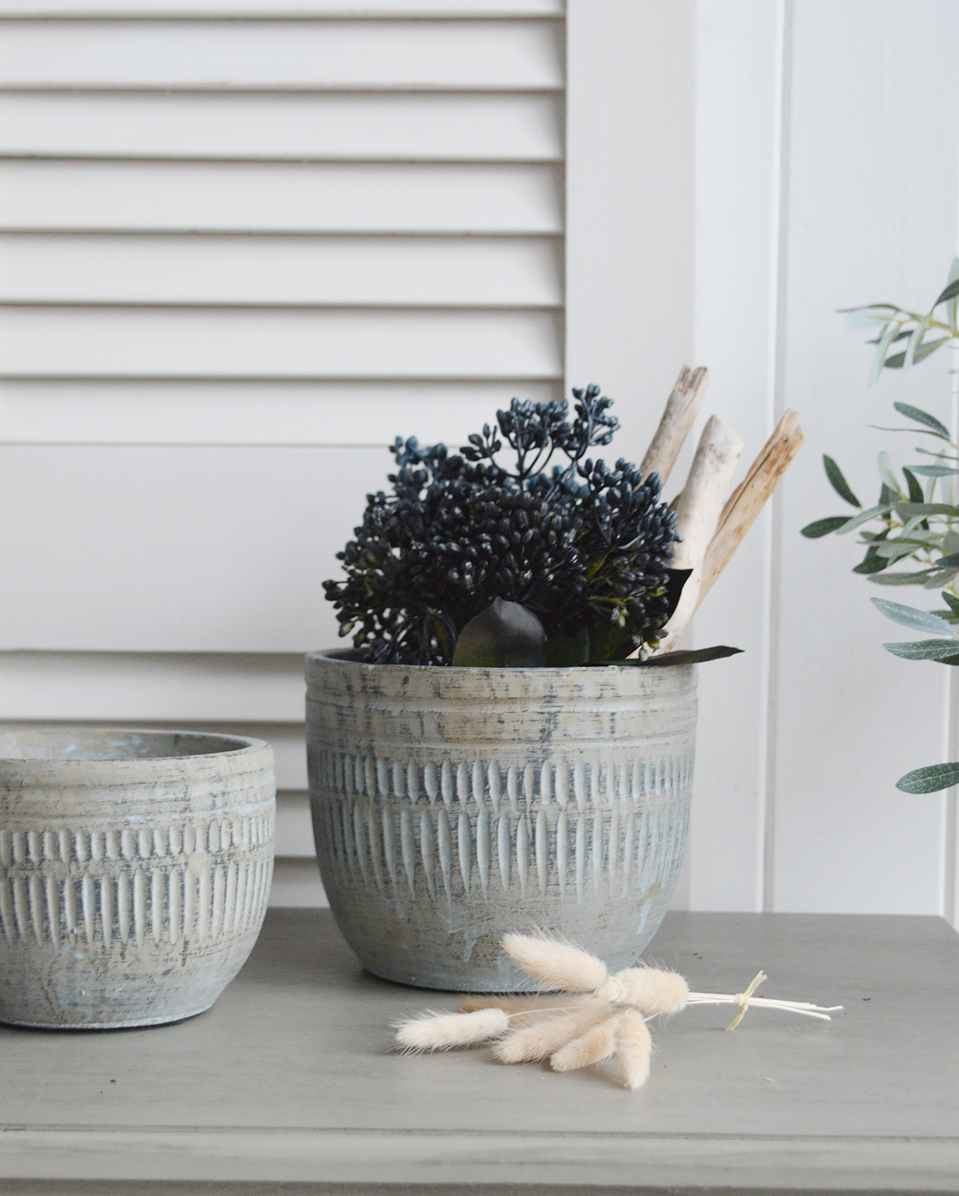 Wickford Antiqued Blue Grey Cement Pots Planters - New England Style Interiors. Home decor and accessories for console table, shelf and coffee table styling and to complement our furniture for Coastal, Country and modern farmhouse styled homes