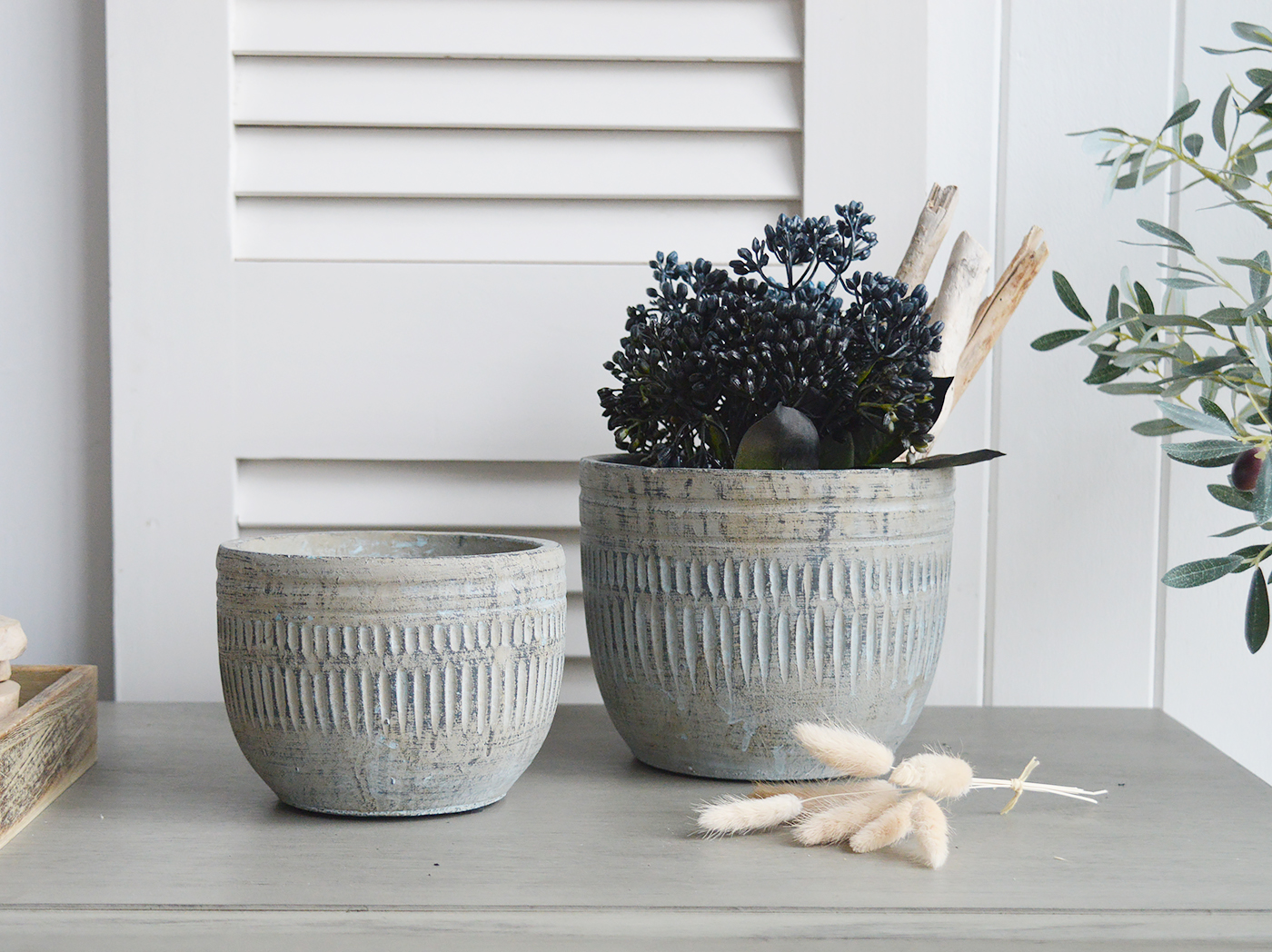 Wickford Antiqued Blue Grey Cement Pots Planters - New England Style Interiors. Home decor and accessories for console table, shelf and coffee table styling and to complement our furniture for Coastal, Country and modern farmhouse styled homes