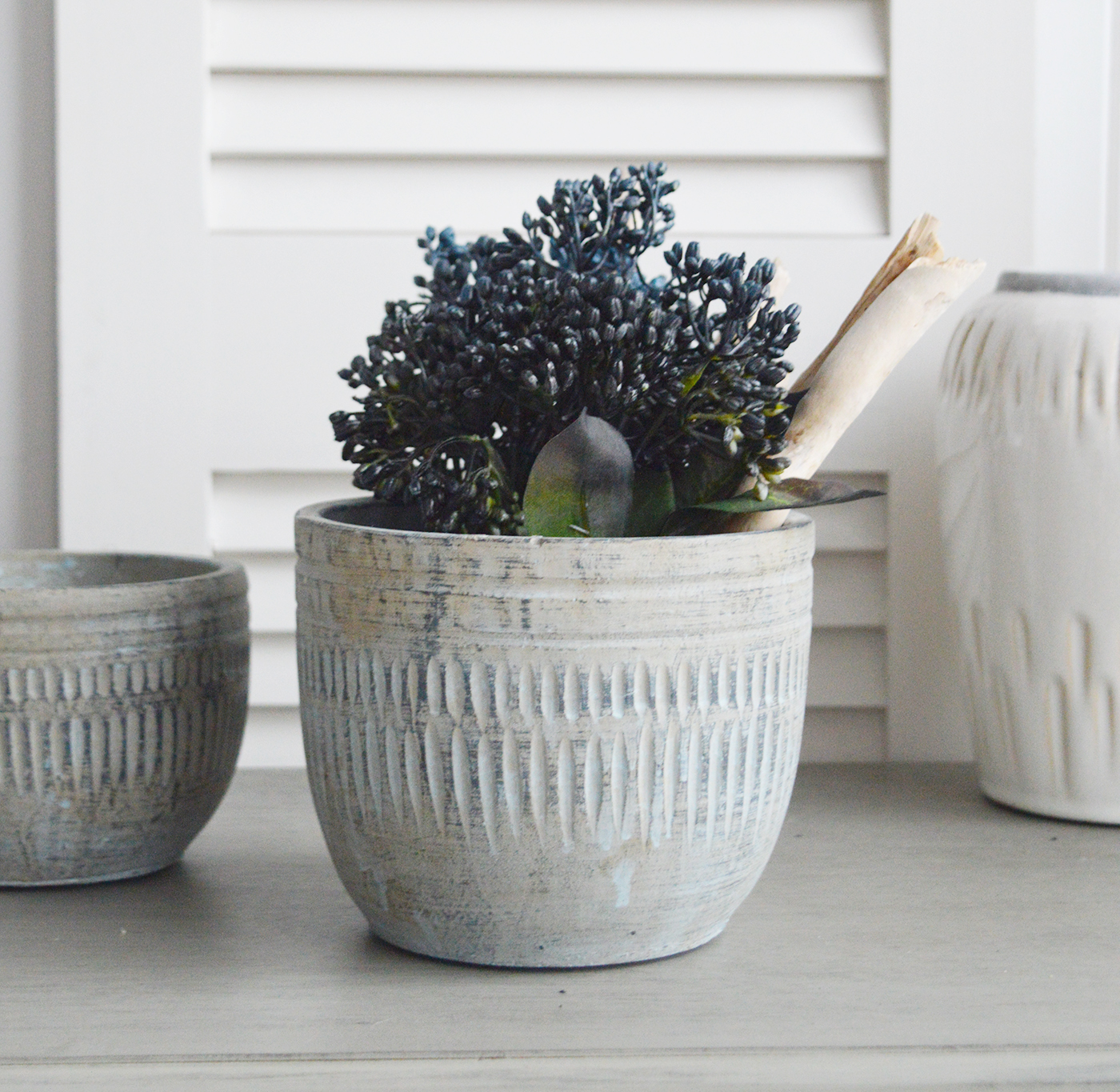 Wickford Antiqued Blue Grey Cement Pots Planters - New England Style Interiors. Home decor and accessories for console table, shelf and coffee table styling and to complement our furniture for Coastal, Country and modern farmhouse styled homes