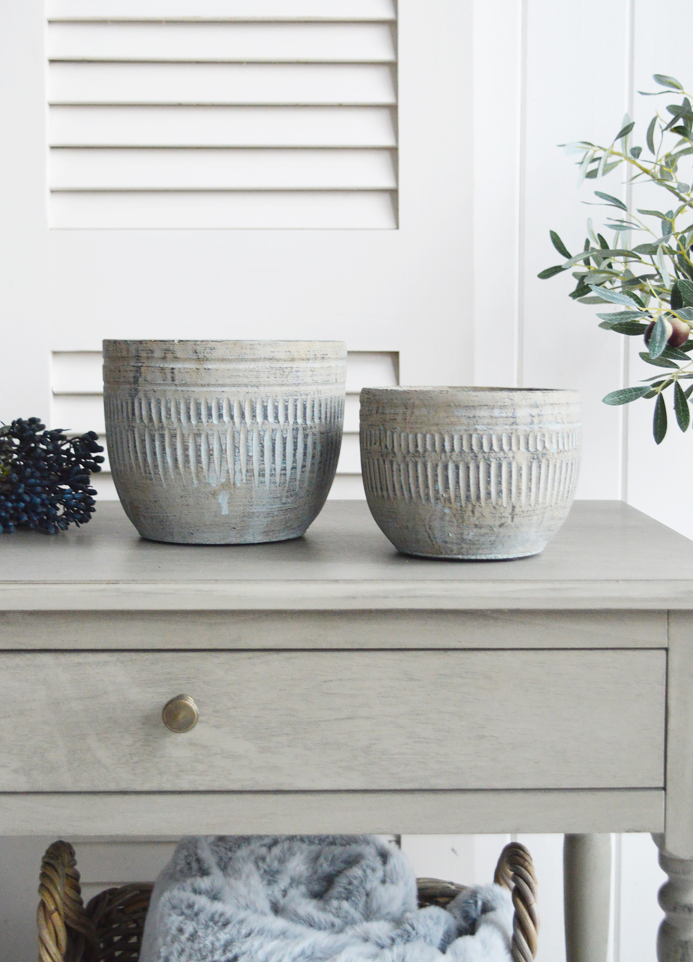 Wickford Antiqued Blue Grey Cement Pots Planters - New England Style Interiors. Home decor and accessories for console table, shelf and coffee table styling and to complement our furniture for Coastal, Country and modern farmhouse styled homes