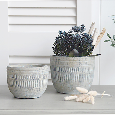 Wickford Antiqued Blue Grey Cement Pots Planters - New England Style Interiors. Home decor and accessories for console table, shelf and coffee table styling and to complement our furniture for Coastal, Country and modern farmhouse styled homes