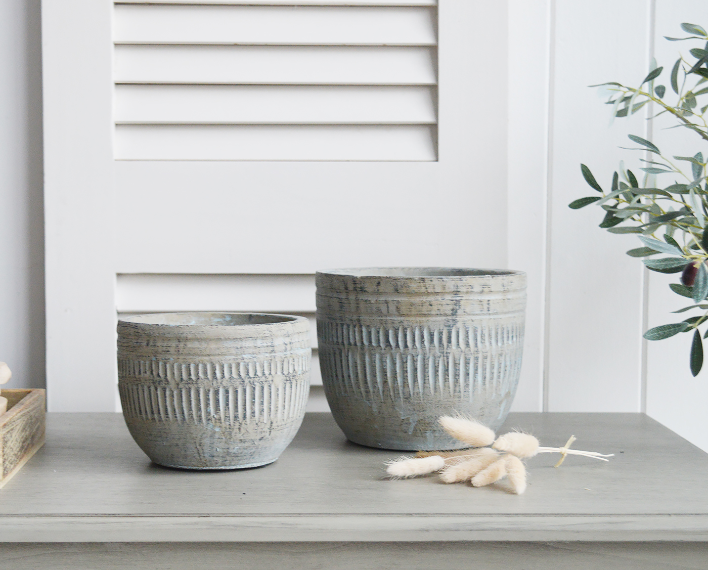 Wickford Antiqued Blue Grey Cement Pots Planters - New England Style Interiors. Home decor and accessories for console table, shelf and coffee table styling and to complement our furniture for Coastal, Country and modern farmhouse styled homes
