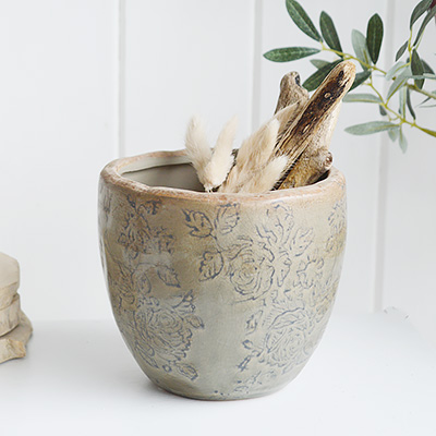 Buttonwood navy and French Grey ceramic pots available in 2 sizes from The White Lighthouse Furniture and Home Interiors for New England, country, coastal and city homes for hallway, living room, bedroom and bathroom