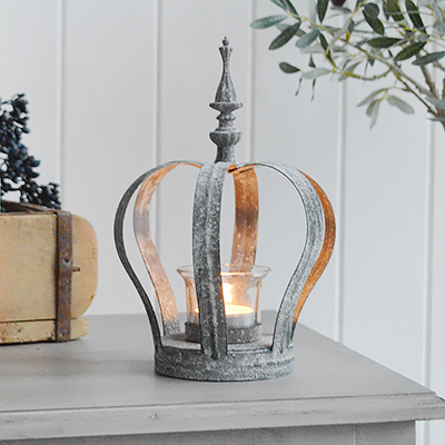 Distressed white crown candle holder candle stick holderThe White Lighthouse furniture and accessories. New England interiors. Home decor and furniture for coastal, country and city homes