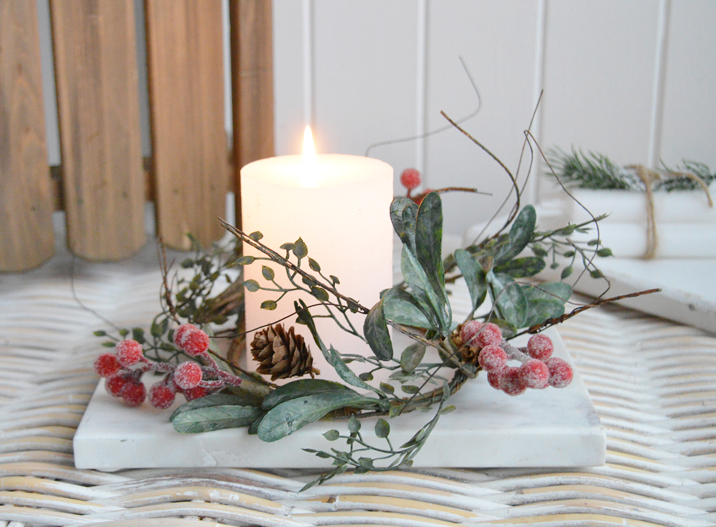 Create a beautiful centerpiece with this gorgeous winter candle ring with gently frosted leaves, little pinecones and contrasting red berries - Luxury Christmas table decoration from The White Lighhtouse New England Stlye homes and interiorsCreate a beautiful centerpiece with this gorgeous winter candle ring with gently frosted leaves, little pinecones and contrasting red berries - Luxury Christmas table decoration from The White Lighhtouse New England Stlye homes and interiors