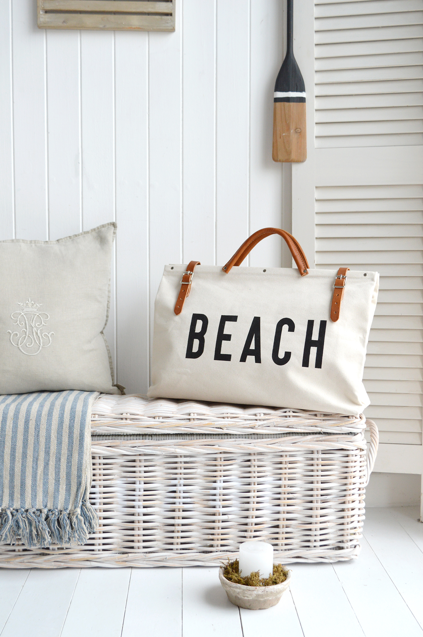 Beach canvas utiliy bag for styleing a coastal beach house interior typical of New England