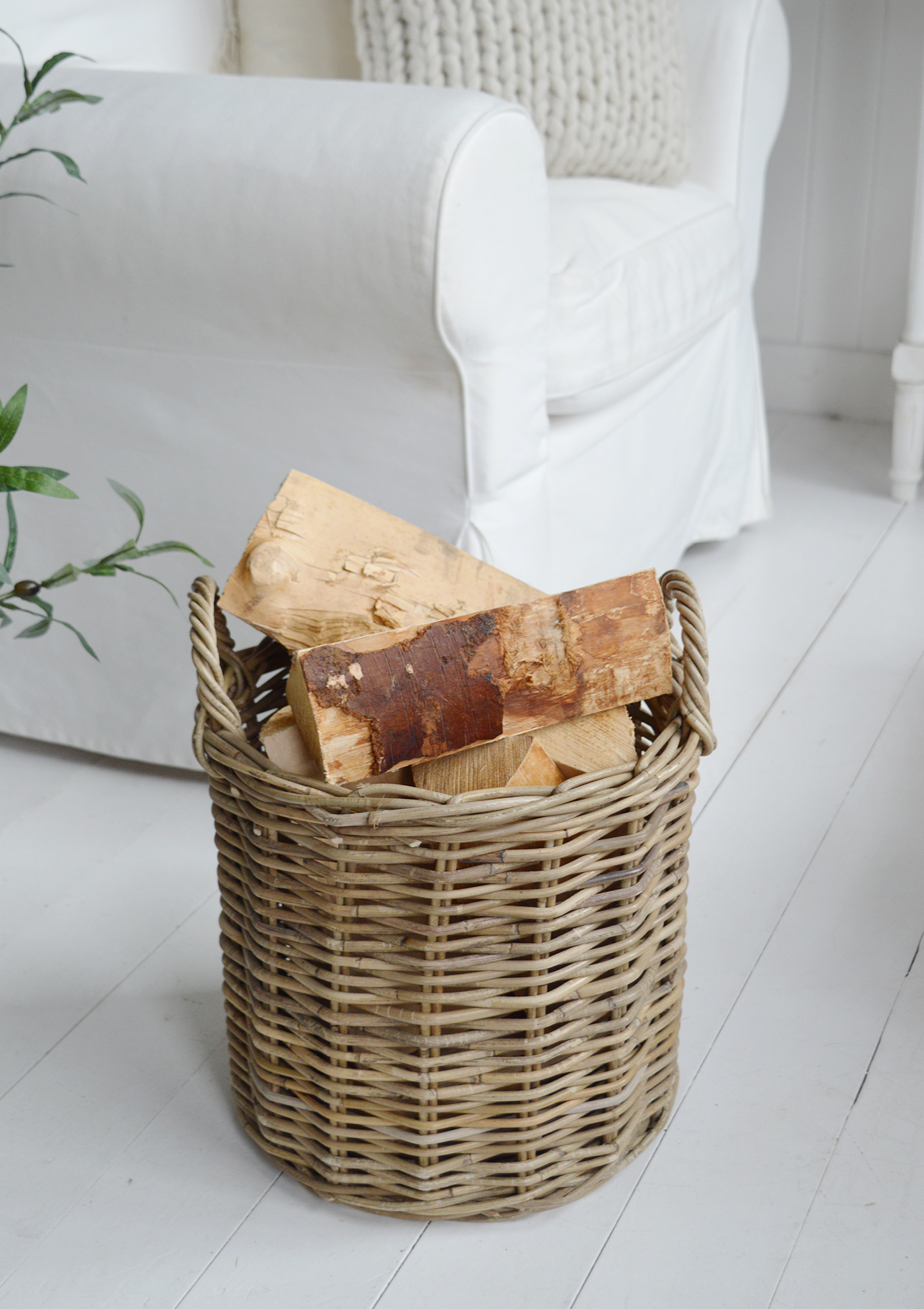Casco Bay Grey basketware Willow log basket for cosy New England coastal and modern farmhouse interiors
