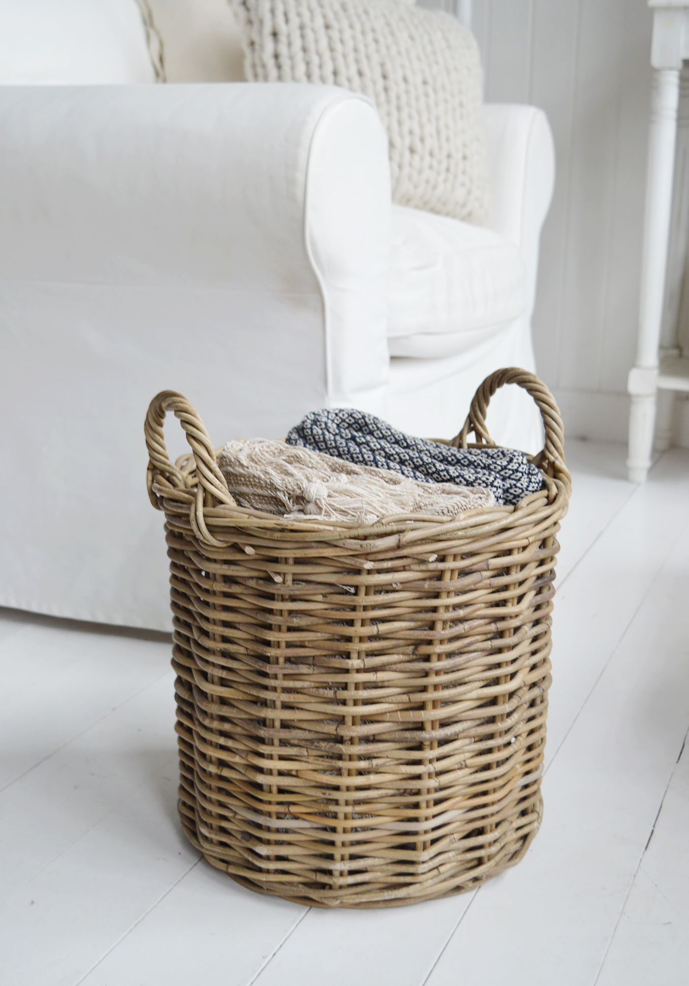 Casco Bay Grey basketware Willow small log basket for cosy New England coastal and modern farmhouse interiors