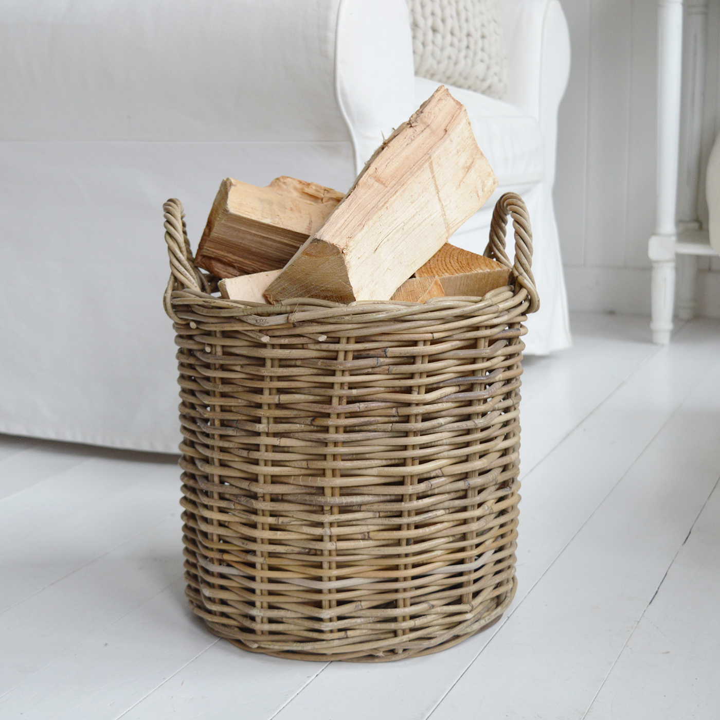 Casco Bay Grey basketware Willow storage toy or log basket for cosy New England coastal and modern farmhouse interiors