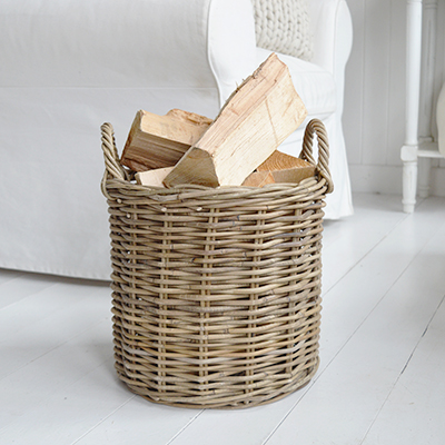 Casco Bay Grey basketware Willow  log blanket basket for cosy New England coastal and modern farmhouse interiors