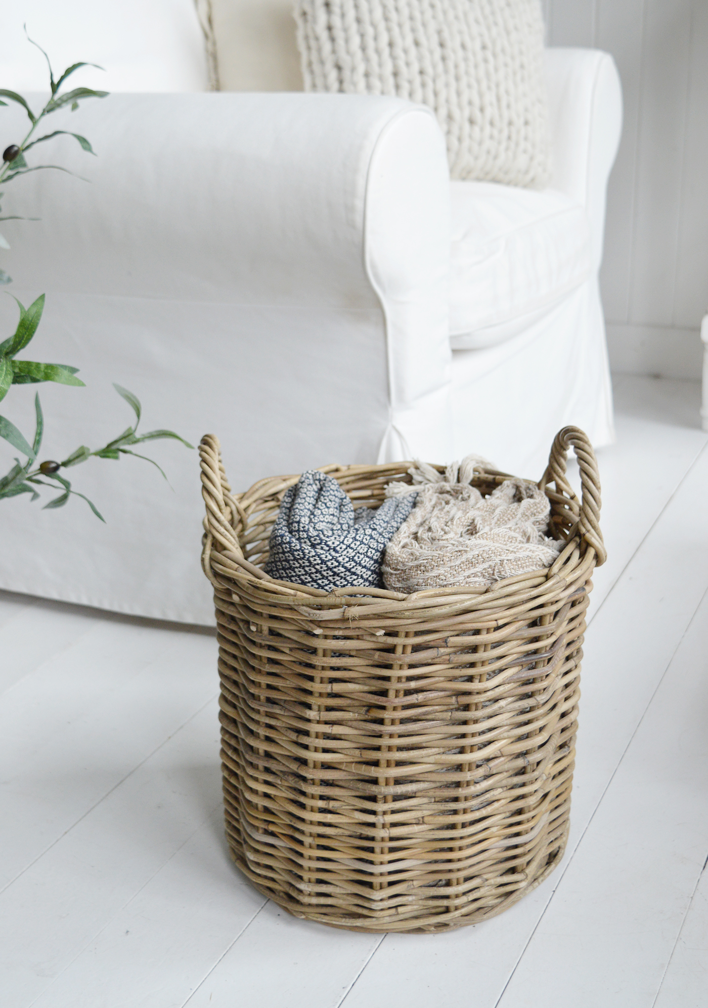 Casco Bay Grey basketware Willow  log blanket basket for cosy New England coastal and modern farmhouse interiors