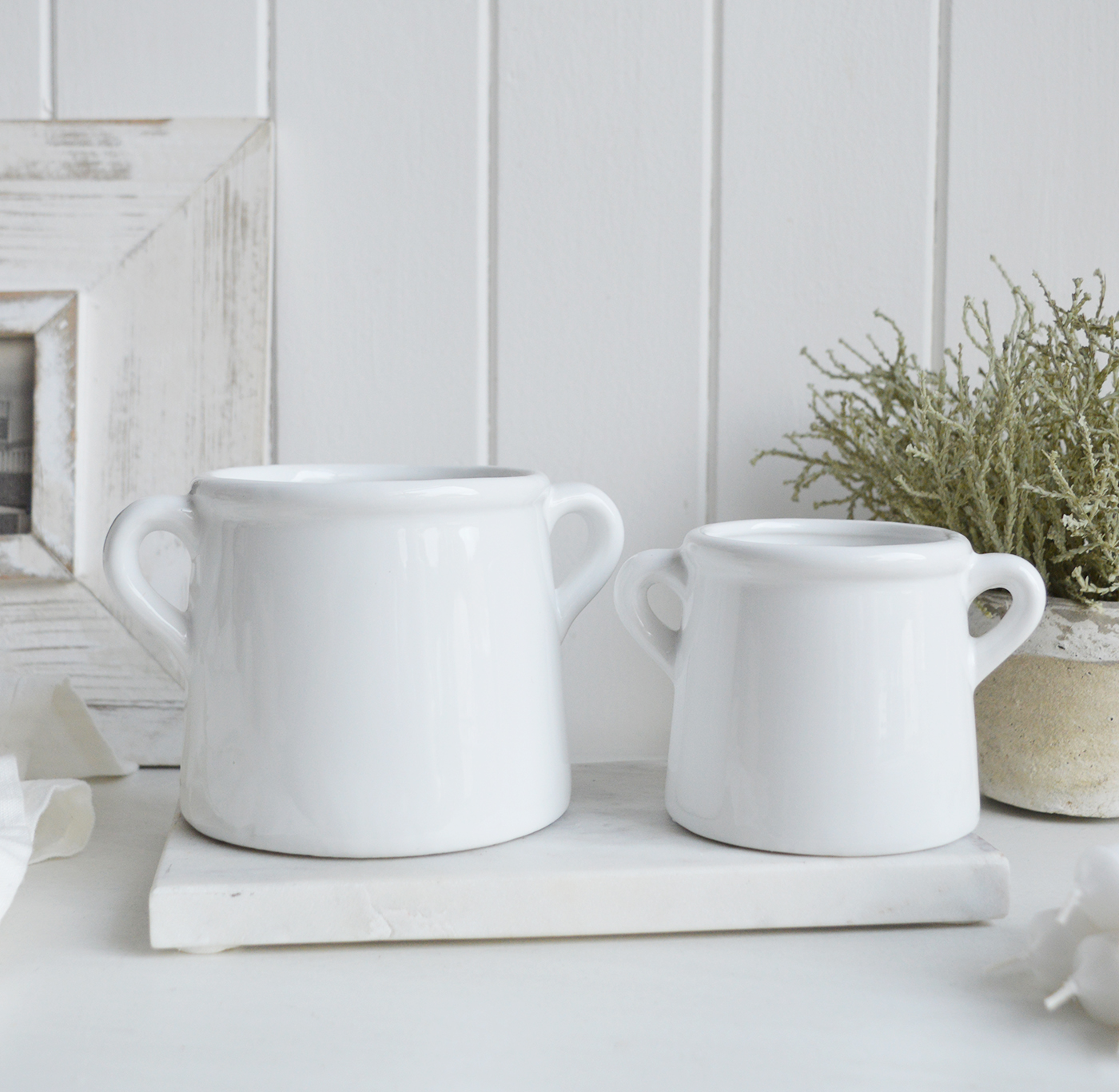 Castine White Ceramic Pots - White Interiors and Home Decor for modern country homes