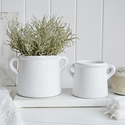 Castine White Ceramic Pots - White Interiors and Home Decor. White Interiors and Home Decor for New England style furniture and accessories for country, coastal and modernfarm house