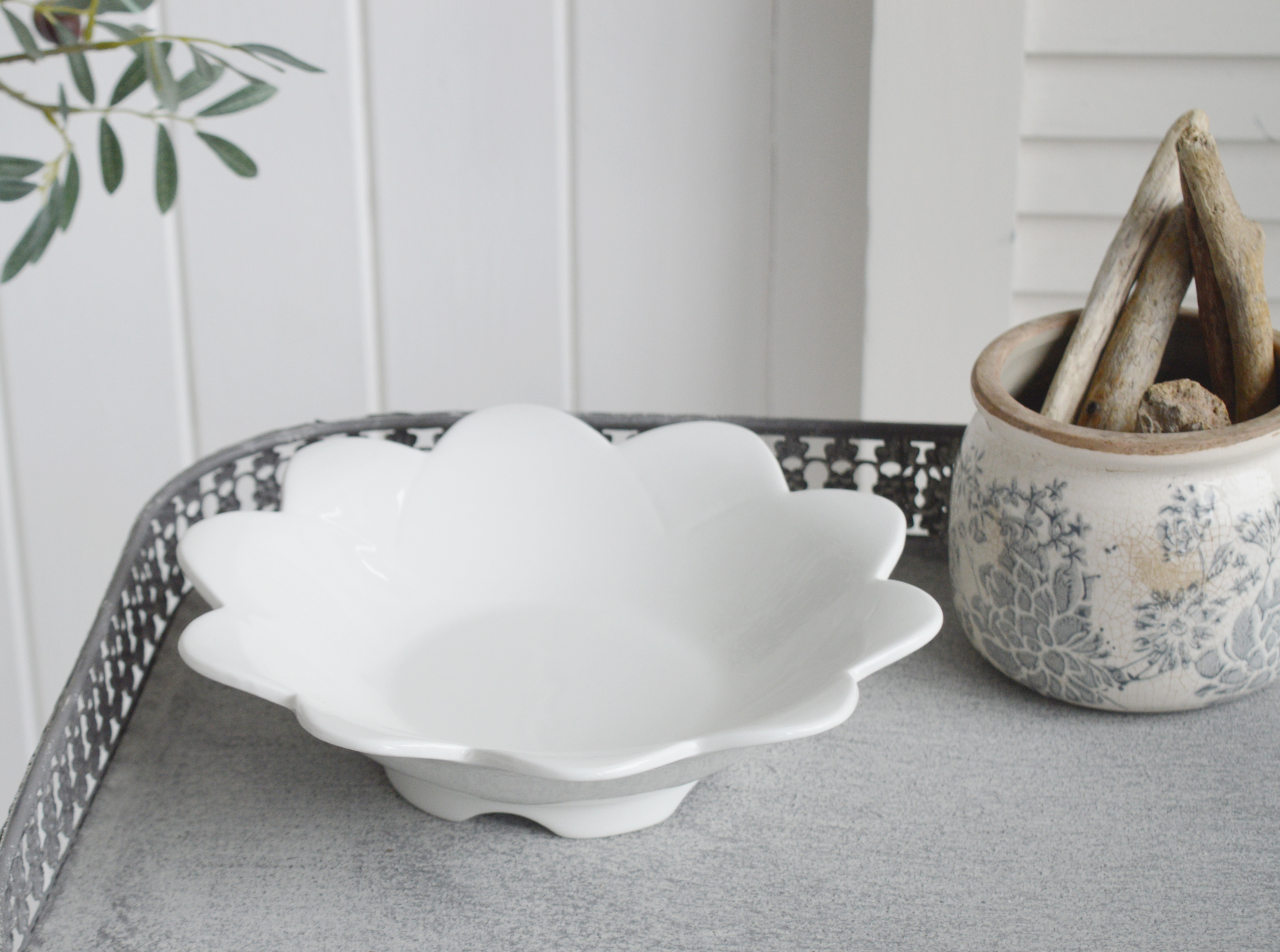 White Ceramic Pieces for New England White Interiors for coastal, country and modern farmhouse home interiors from The White Lighthouse - White Ceramic Flower Bowl