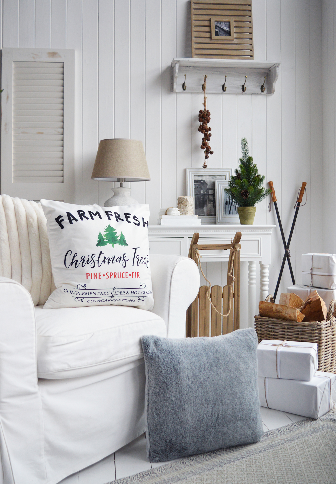 Ski lodge christmas decor for modern farmhouse and country homes... sleighs, ski poles, cushions, throws