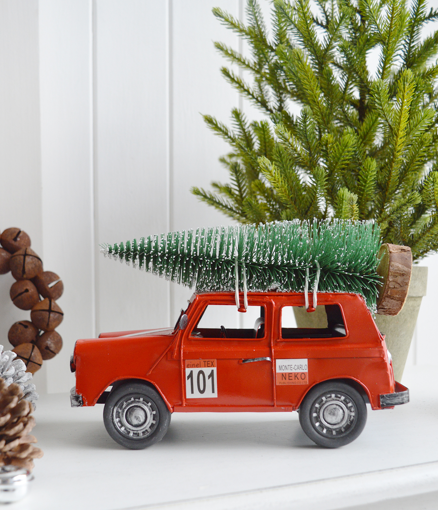 New England style Christmas Decor for cottage, farmhouse, coastal, country and city homes and interiors. VIntage Red Car with Christmas Tree - New England style Christmas Decor