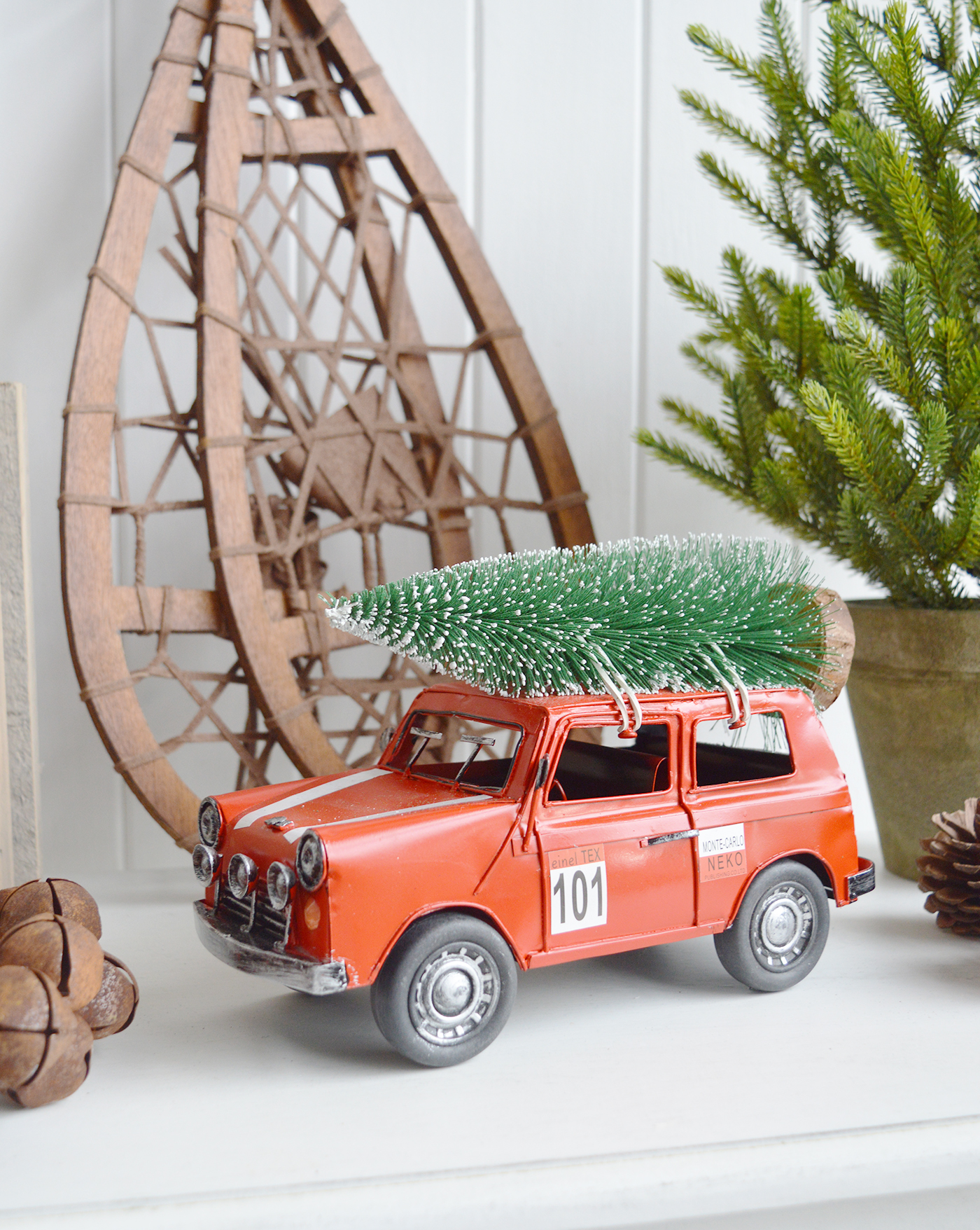 New England style Christmas Decor for cottage, farmhouse, coastal, country and city homes and interiors. VIntage Red Car with Christmas Tree - New England style Christmas Decor