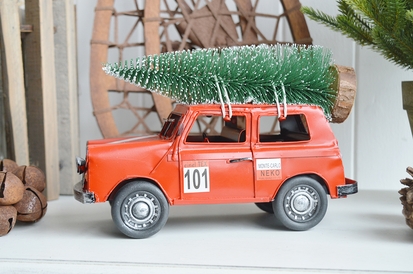 New England style Christmas Decor for cottage, farmhouse, coastal, country and city homes and interiors. VIntage Red Car with Christmas Tree - New England style Christmas Decor
