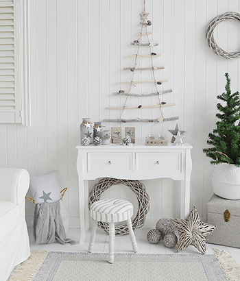 Falmouth narrow white console table with drawers for hallway furniture. A perfect table in cottage, country, coastal, french or New England style homes