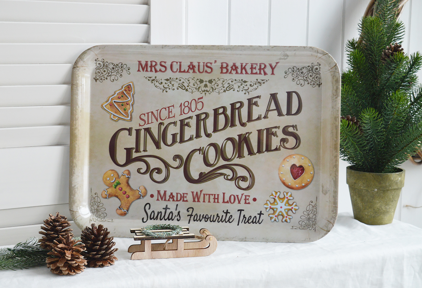 New England style Christmas Decor for cottage, farmhouse, coastal, country and city homes and interiors. Mrs Claus Tray