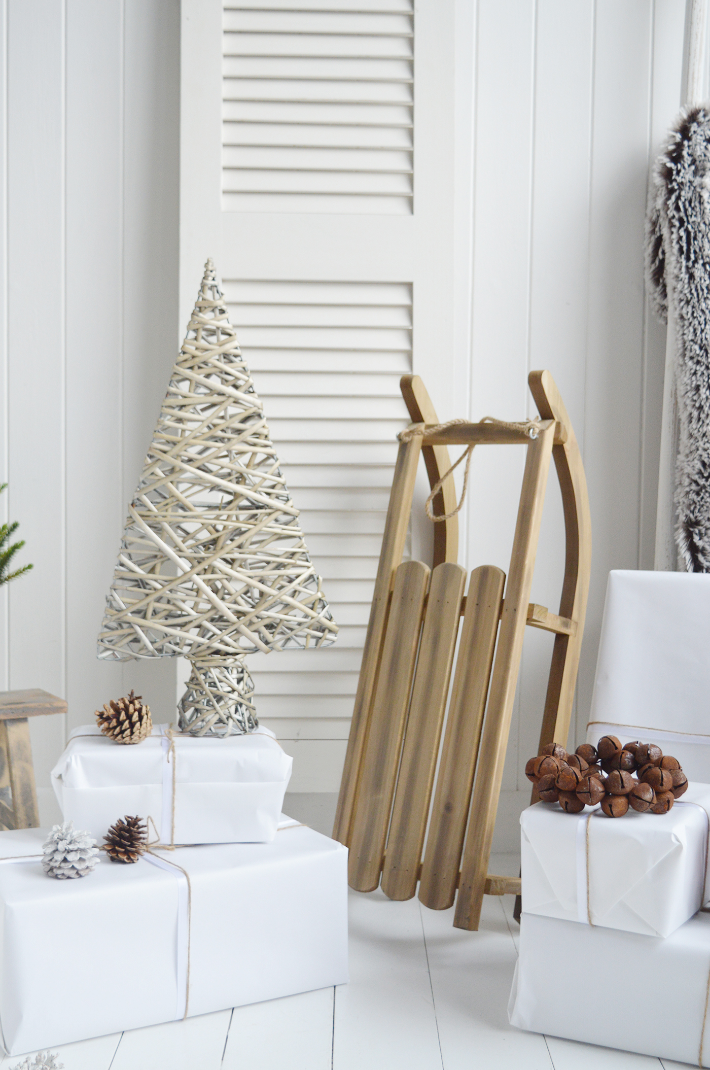 New England style Christmas Decor for cottage, farmhouse, coastal, country and city homes and interiors. Grey Willow Standing Christmas Tree  - New England style Christmas Decor