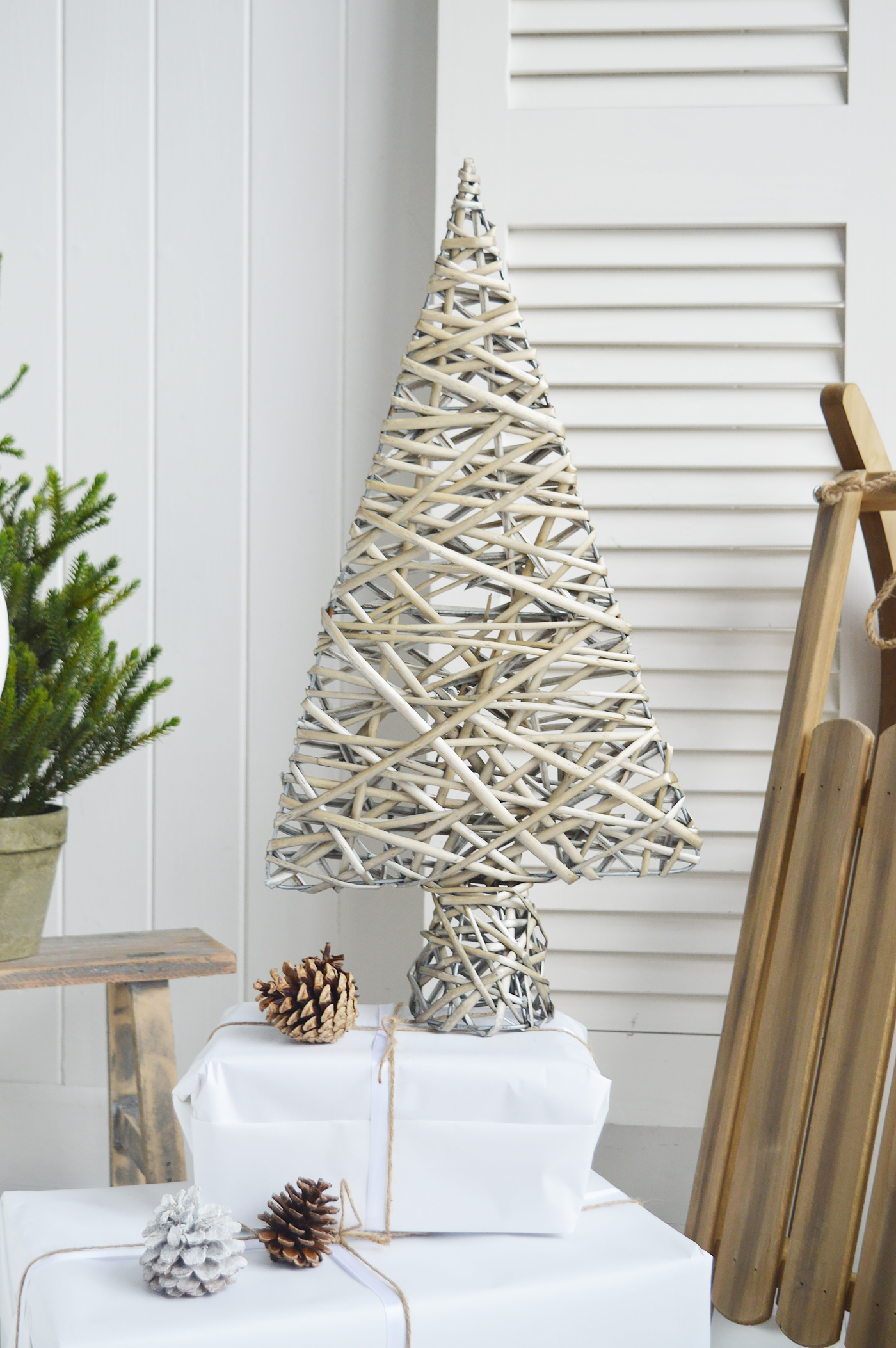 New England style Christmas Decor for cottage, farmhouse, coastal, country and city homes and interiors. Grey Willow Standing Christmas Tree  - New England style Christmas Decor