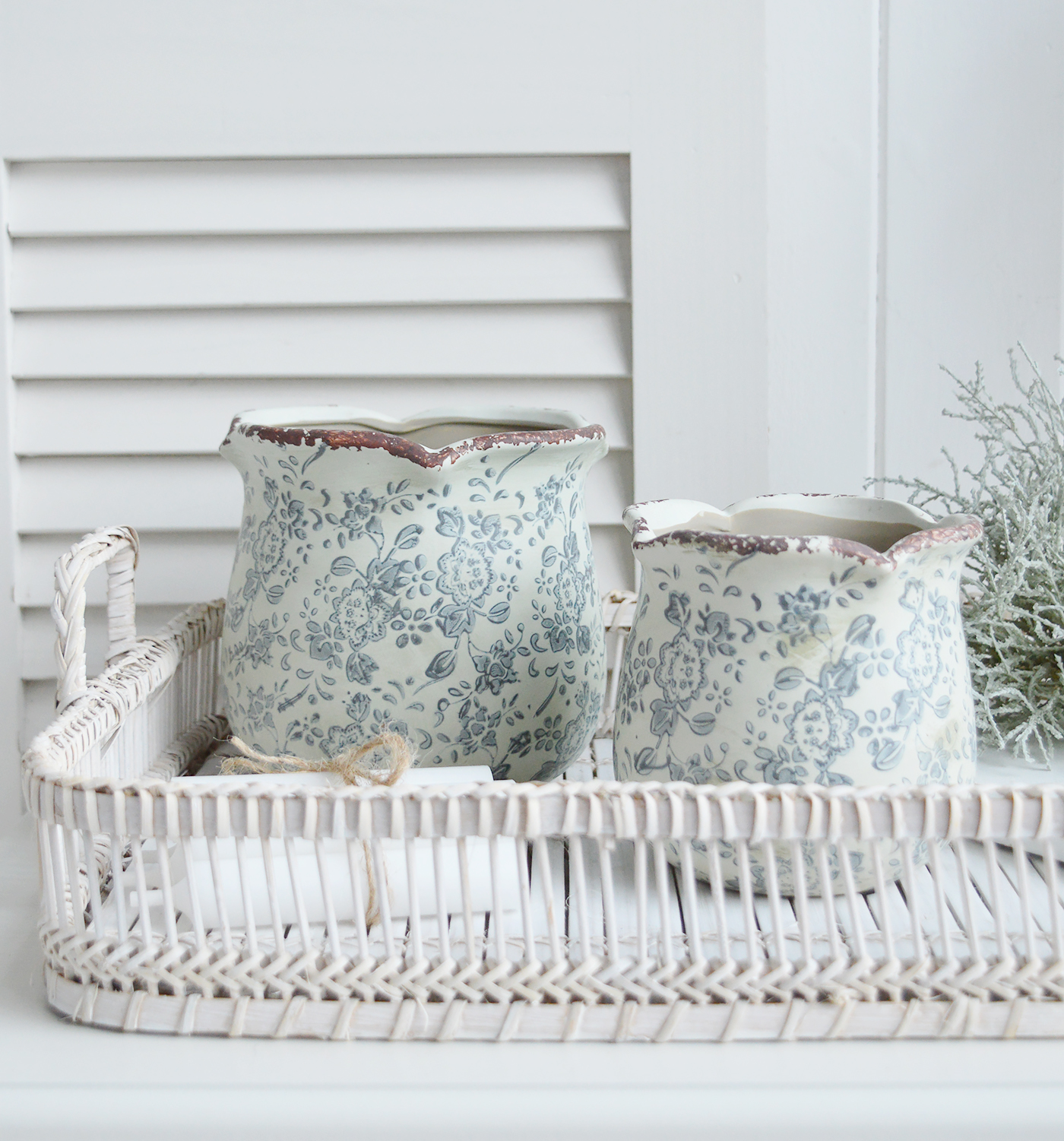 The Claremont vintaged pots, Crafted from ceramic, in pretty pale grey blues with a distressed matt finish and a frilled top. 