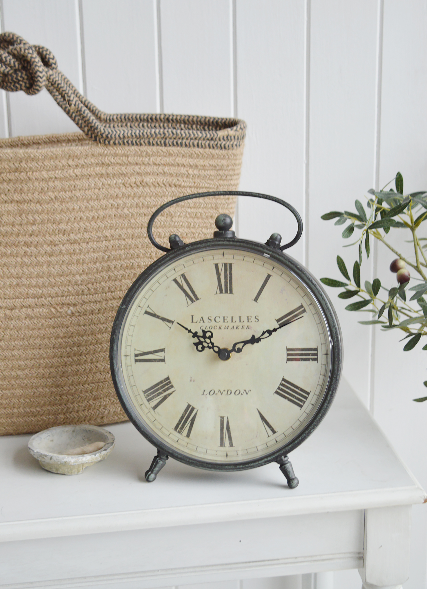 Large Round Mantel Clock, for New England interiors and furniture for coastal, country cottage and city homes from The White Lighthouse Furniture