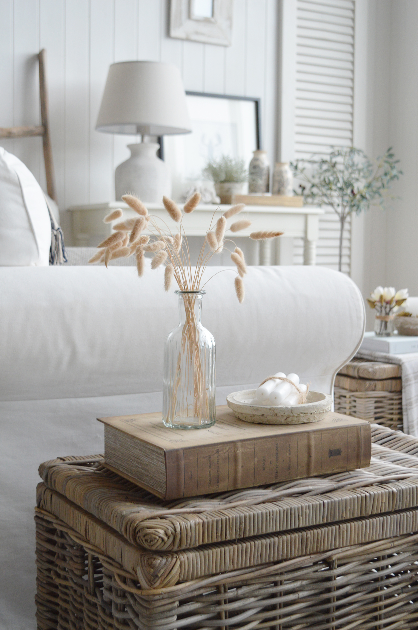 A coastally inspired living space showing the Patten decorative storage book on top of the Seaside basket