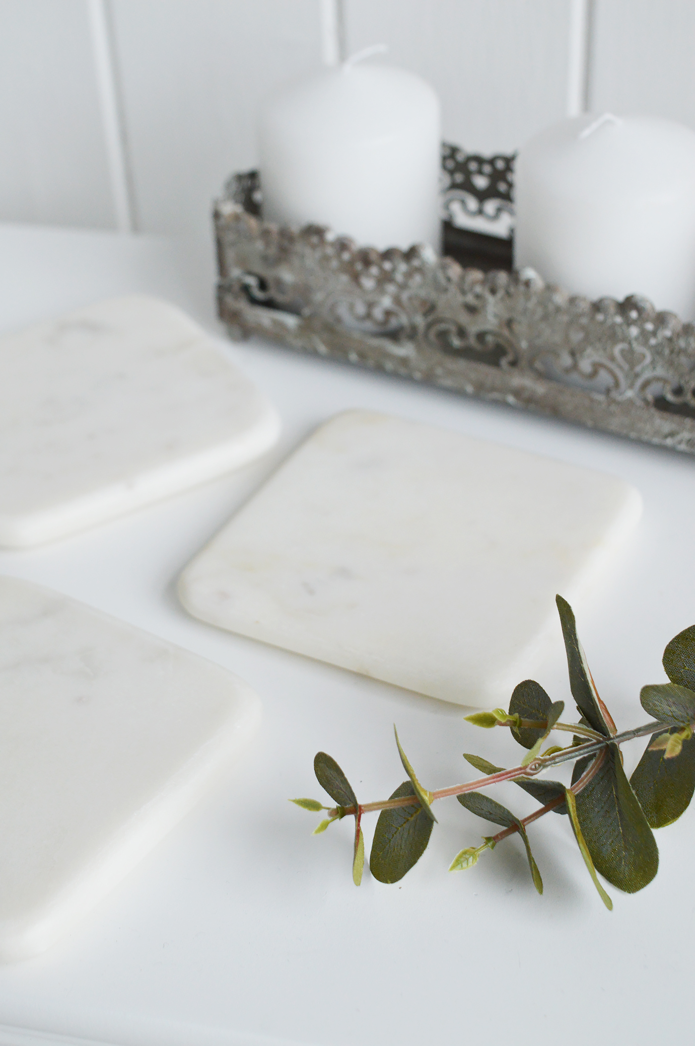 New England style home interiors from The White Lighthouse Furniture - White Marble Coaster