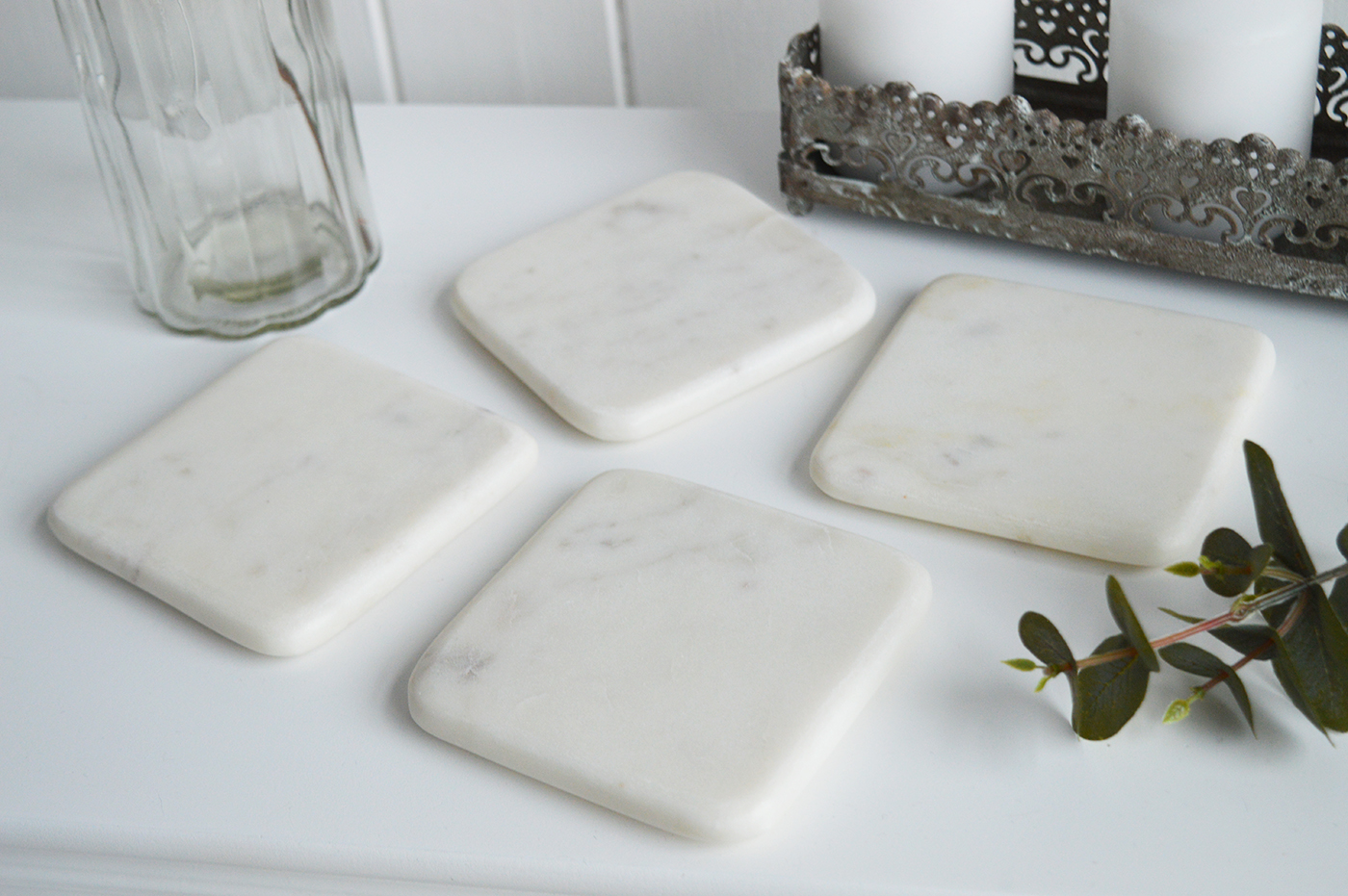 New England style home interiors from The White Lighthouse Furniture - White Marble Coaster