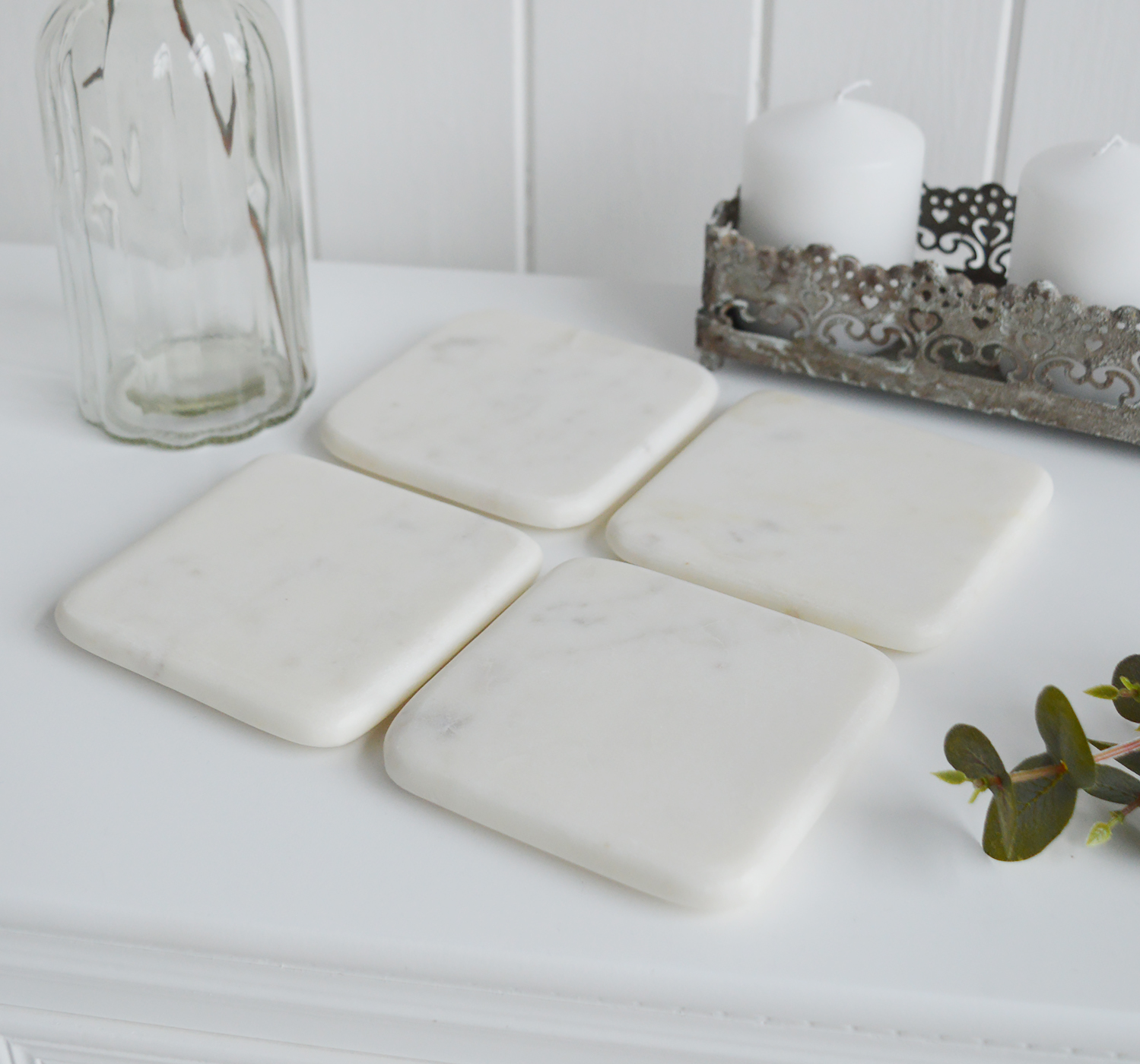 New England style home interiors from The White Lighthouse Furniture - White Marble Coaster