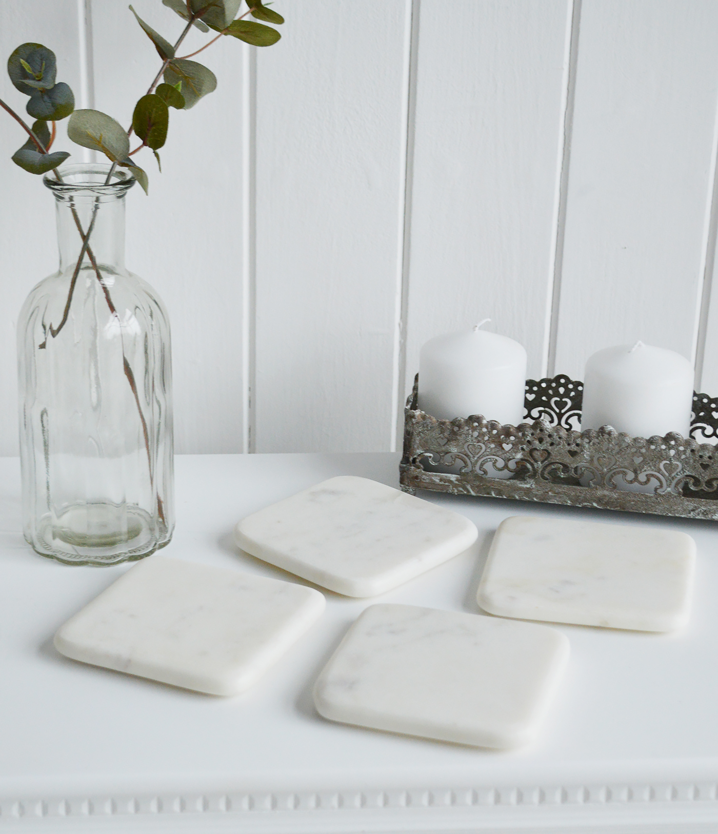 New England style home interiors from The White Lighthouse Furniture - White Marble Coaster