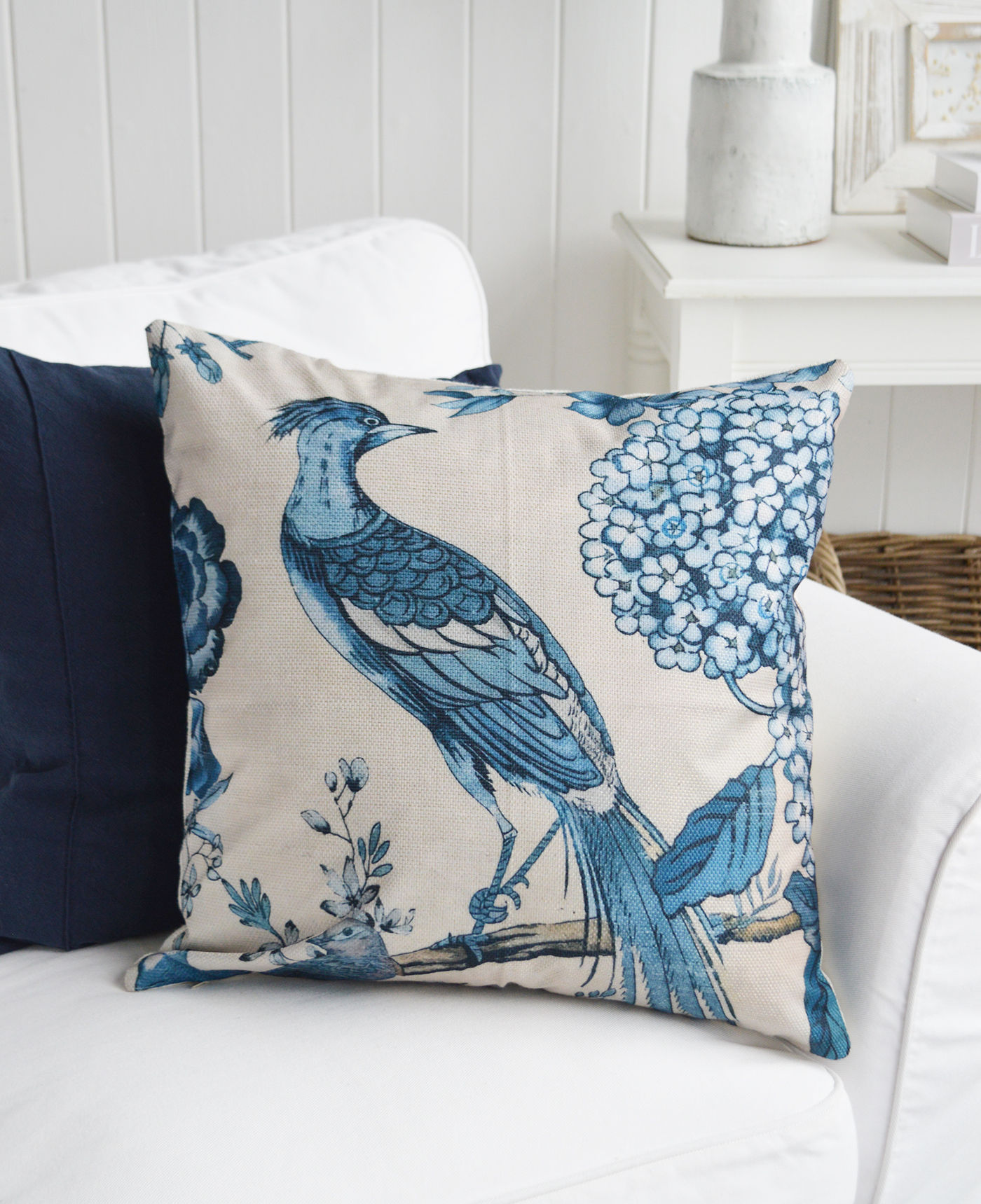 Bluebird Bay Cushion Cover combines soft coastal blues, delicate floral details and classic artwork to create a sophisticated look that complements Hamptons, beach house and coastal-inspired interiors.