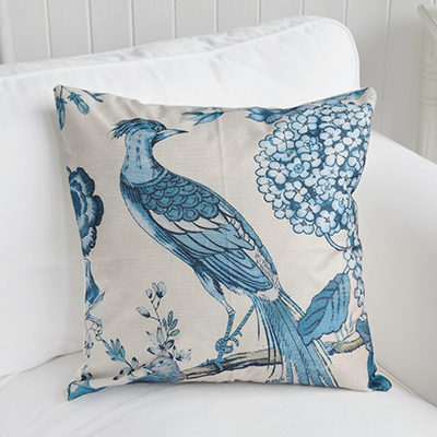     The Bluebird Bay Cushion Cover is a beautifully designed blue cushion featuring an elegant bird and botanical print on textured linen-look fabric, bringing timeless New England charm and relaxed coastal style to sofas, armchairs and bedrooms.